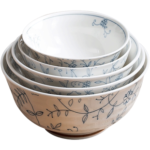 景德镇家用饭碗6寸面碗大汤碗日式线唐草釉下彩餐具陶瓷碗盘套装