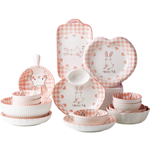 小兔子卡通餐具套装可爱少女心陶瓷饭碗家用小碗高颜值菜盘子汤碗