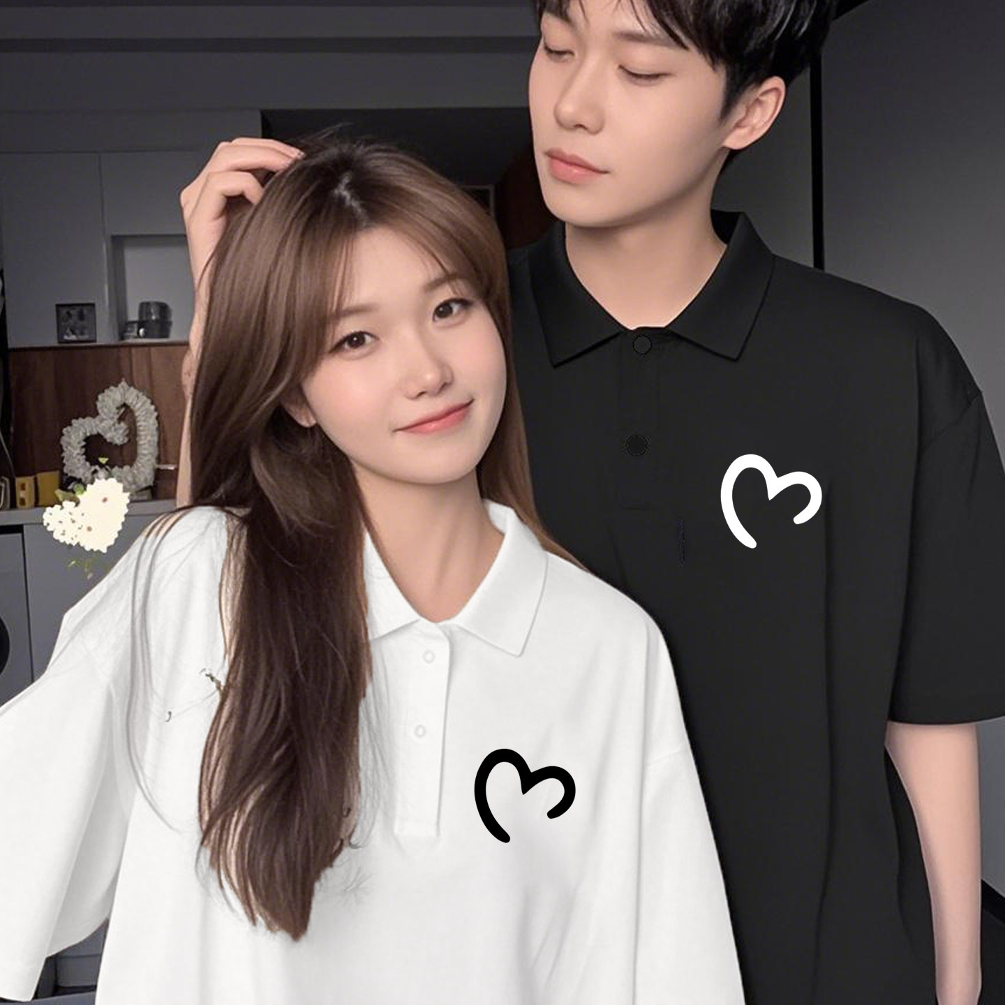 国潮纯棉POLO衫男女情侣爱心亲子翻领短袖T恤宽松结婚登记照定制t