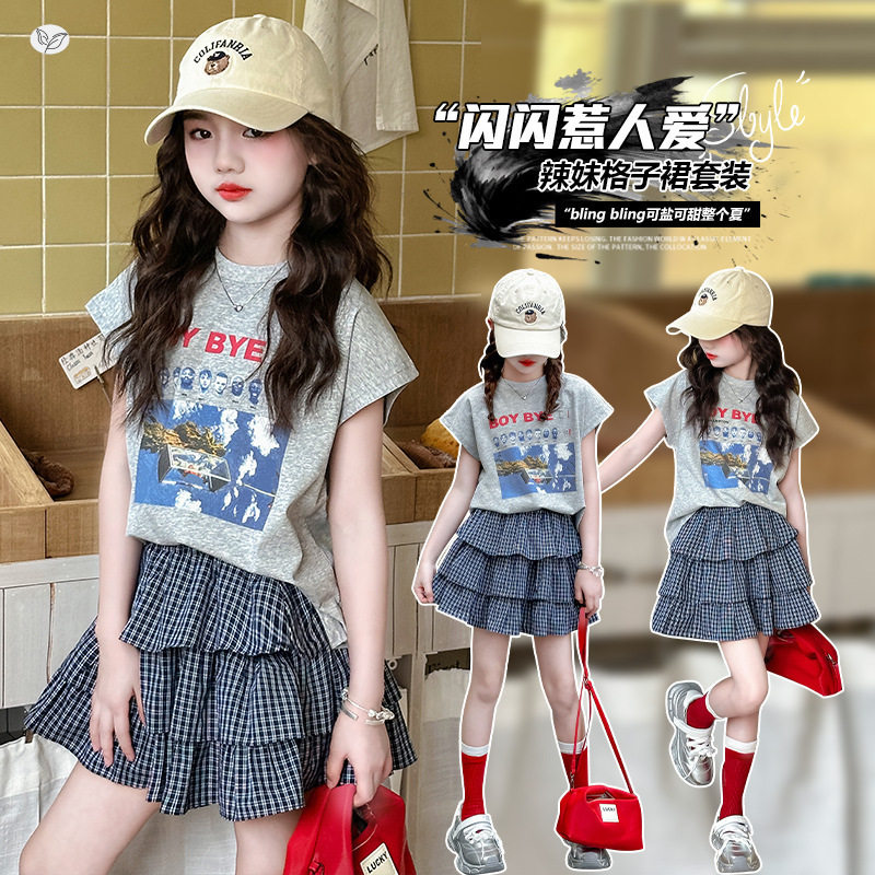 女童韩版印花T恤格子套装中大童