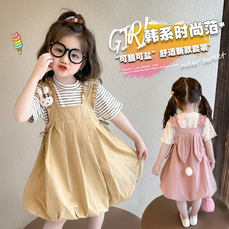女童连衣裙夏季条纹t甜美背带裙