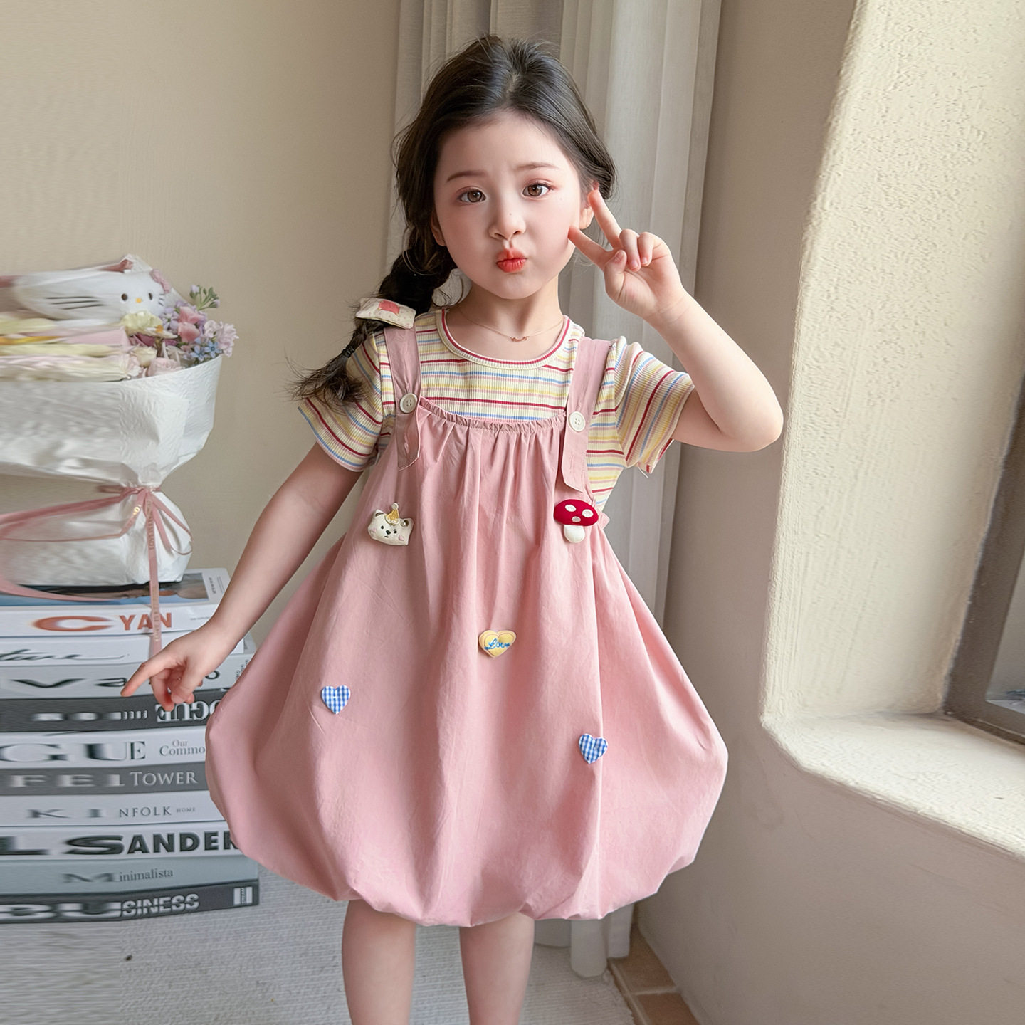 女童夏装背带裙套装蘑菇背带裙