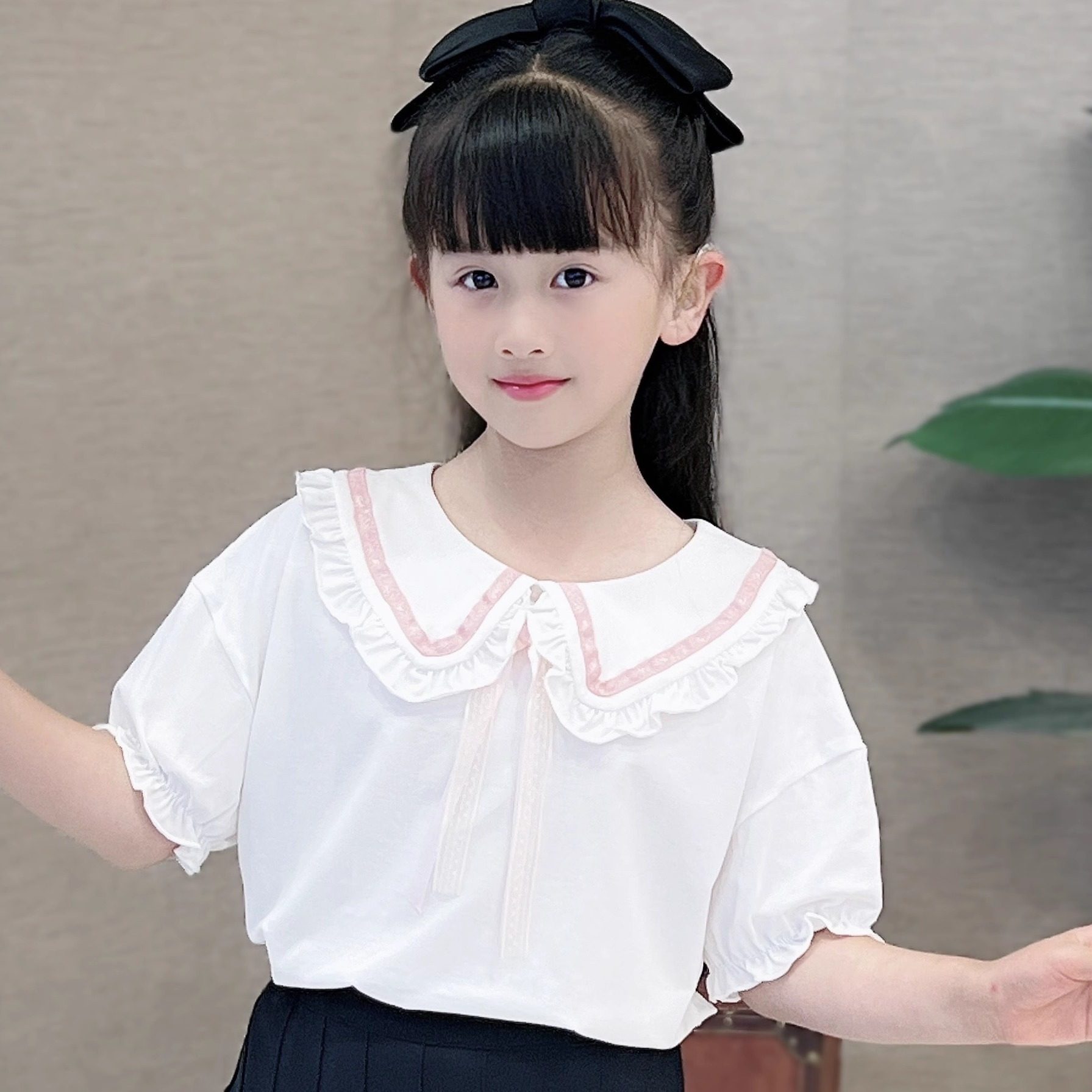 女童翻领纯棉公主T恤衫夏季短袖上衣洋气新薄款甜美宝宝外穿体恤6