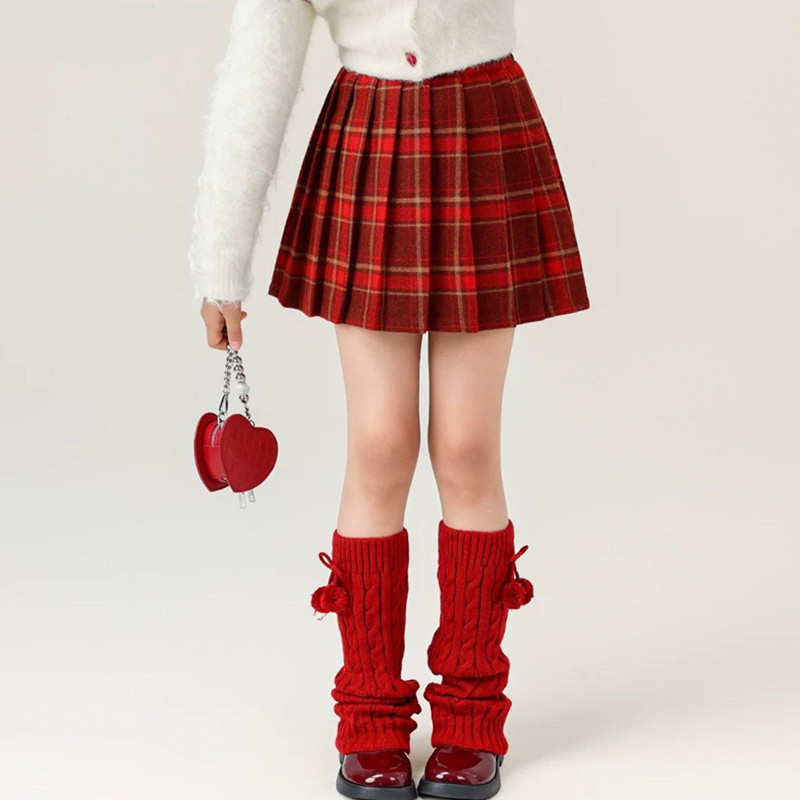 女童红格子毛呢半身裙秋冬韩系甜美网红潮新年款加厚防走光裤短裙
