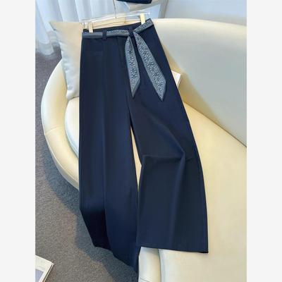 洋气藏青色阔腿裤女春秋季2025新款丝巾腰带垂感九分裤显瘦直筒裤