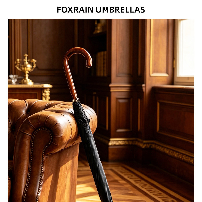 Foxrain复古Solid一体式枫木弯柄长柄伞绅士贵族高级感贡缎布雨伞