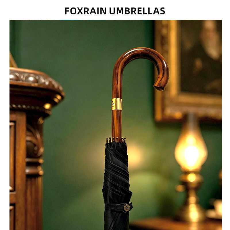 FOXRAIN英式复古solid大号一体木弯钩伞柄贡缎布轻奢贵族伞高级感
