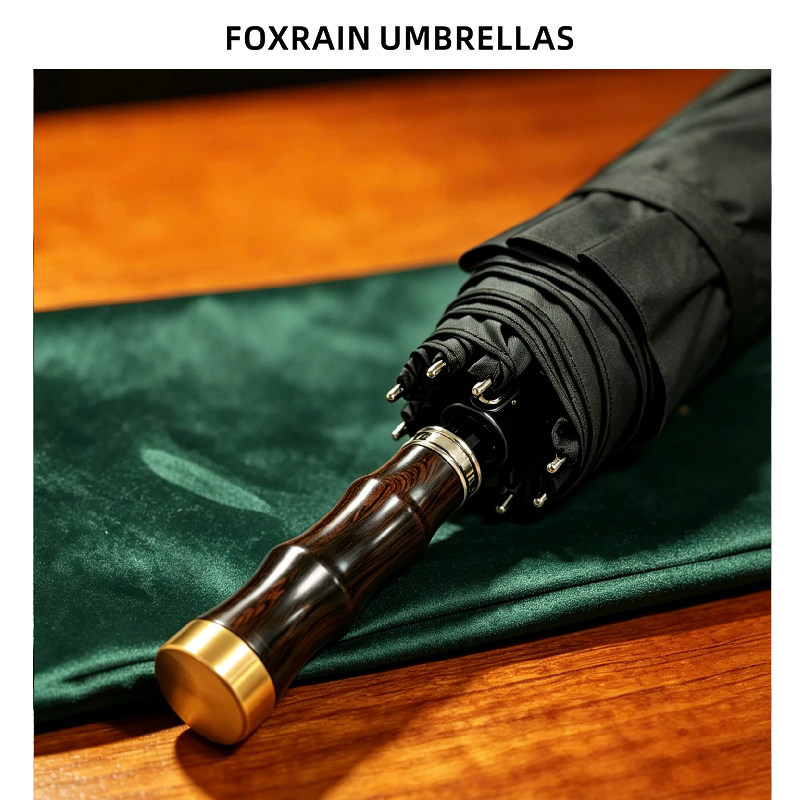 foxrain绅士高端雨伞黑檀木柄实木手开折叠伞礼品定制刻印logo