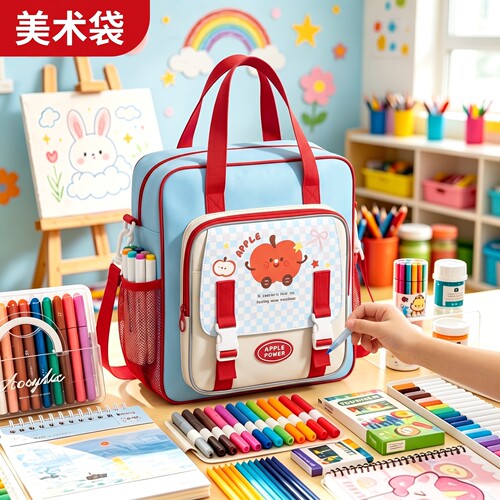 苹果乐园美术袋小学生补习袋女孩书包儿童手提袋拎书美术包帆布工具材料收纳袋女生手提包补课学具袋一年级