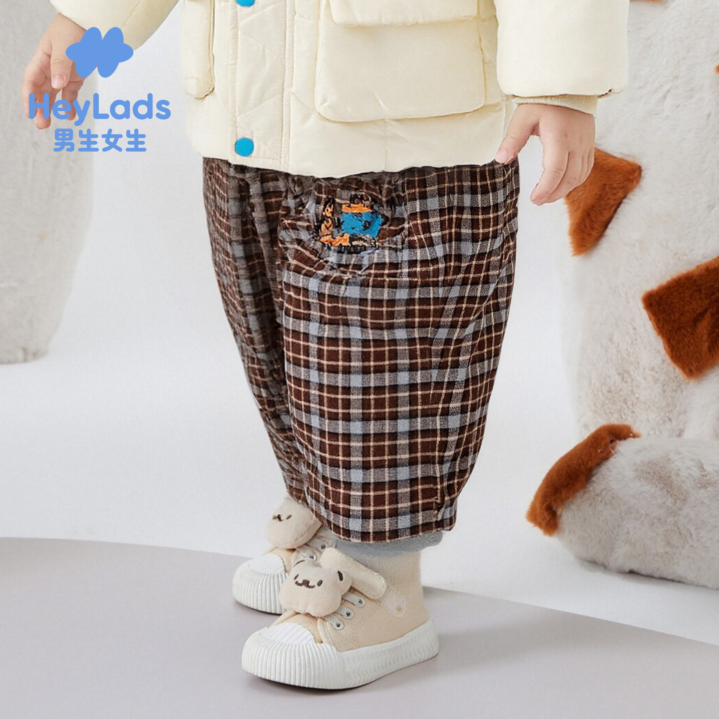男生女生男婴童棕格纹宽松舒适长裤NPXEJ43404A