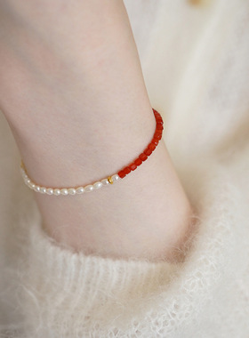 天然红玛瑙淡水珍珠手链轻奢感手串女小众米珠新中式串珠手饰