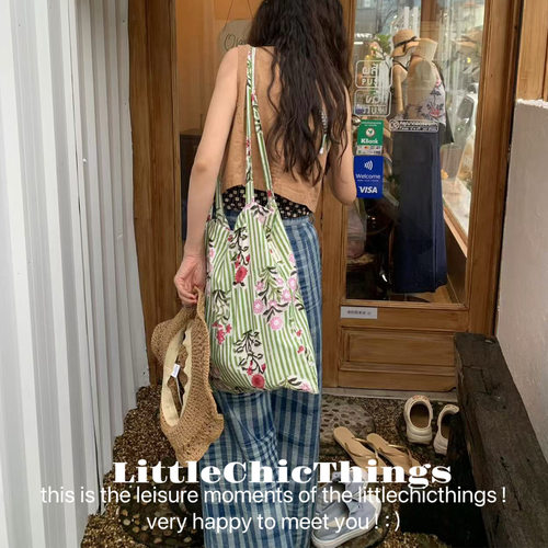 原创LittleChicThings印度拓印棉风条纹花细肩带百搭单肩斜跨包女