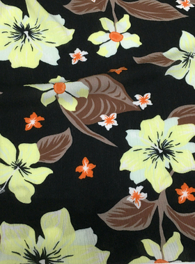 一米价 纯黑色底淡黄色大花图案纯棉面料 夏季 连衣裙 服饰 布料