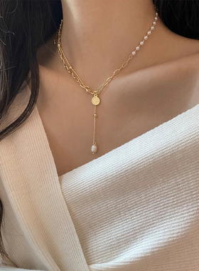 双层叠戴复古钱币流苏锁骨链冷淡风网红颈链小众设计珍珠拼接项链