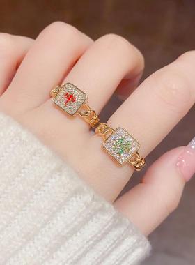 网红同款麻将发财红中戒指女小众设计高级感气质百搭食指戒女