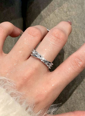 银色交叉锆石开口戒指女时尚个性可调节食指戒轻奢高级指环