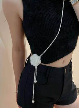 法式山茶花珍珠项链轻奢小众设计高级感长款腰链小香风身体链颈链