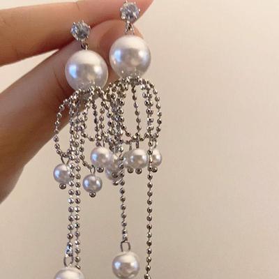 长款珍珠链条流苏纯银耳钉