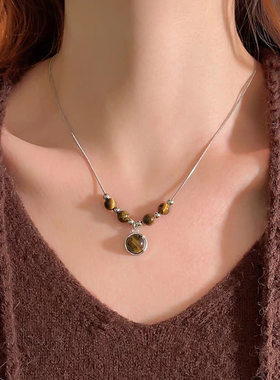 复古皮革虎眼石项链女中式叠戴choker小众颈链百搭气质锁骨链配饰