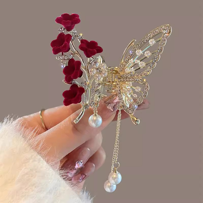 超仙美铃兰花蝴蝶流苏发夹女鲨鱼夹甜美少女后脑勺半扎发抓夹发抓