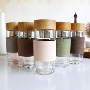 创意加厚带茶滤男女士防烫大口竹纹盖玻璃杯办公室泡花茶杯子