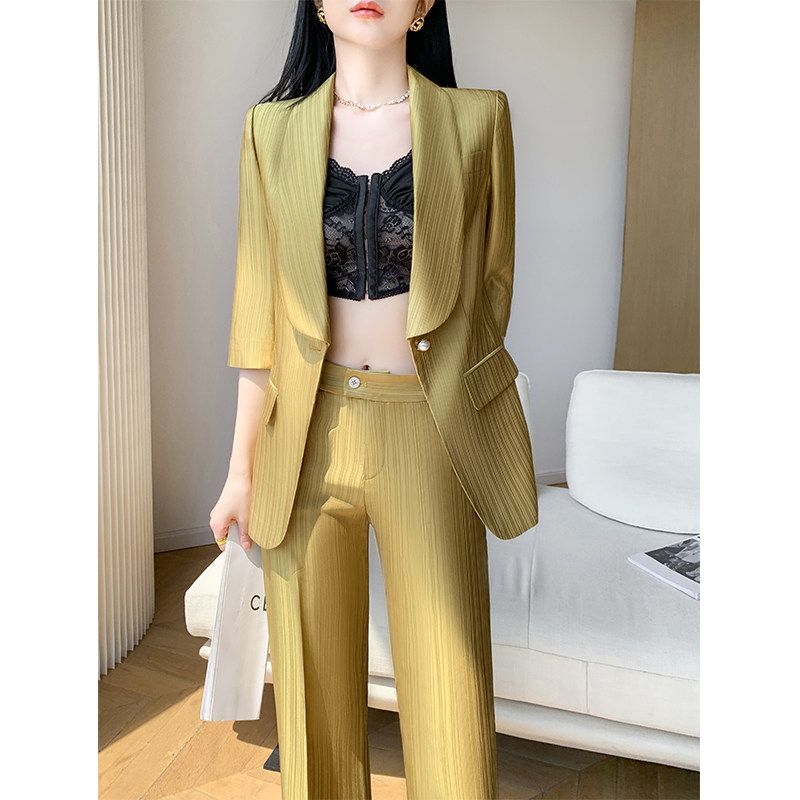 2026夏季新款修身西装外套黄色套装职场OL通勤气质女装韩版小西服