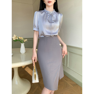 2026年新款白色蝴蝶结短袖衬衫女士职业正装公考教资面试套装衬衣