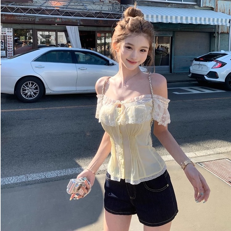 JMSHOP纯白盛夏多种穿法花边白色衬衫女奶黄色露肩一字肩上衣
