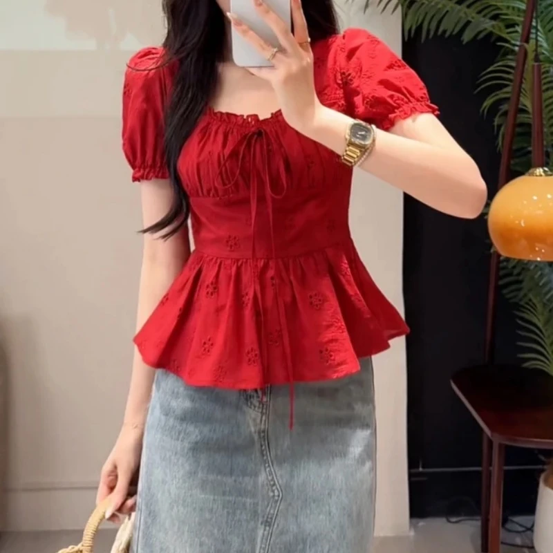 大码胖mm温柔气质修身显瘦短袖衬衫女夏季设计感收腰显瘦别致上衣
