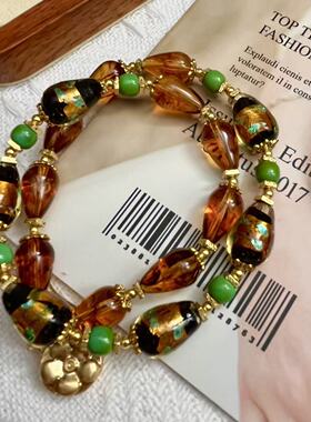 复古美拉德金色金箔琉璃项链配水滴咖啡色树脂轻奢高级琉璃