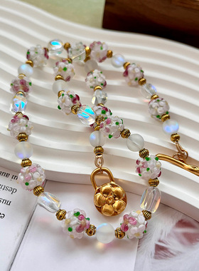 复古白粉色穆拉诺项链配闪光石项链手链耳钩套装花朵琉璃夏日清新