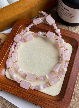 复古异形粉晶石 多切面猫眼石配天然珍珠项链手链套装 锁骨链女生