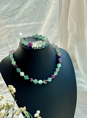 项链手链套装天然萤石10mm圆珠青岛外贸饰品新中式串珠百搭简约