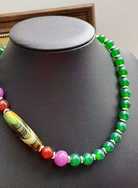 复古绿玛瑙配琉璃10mm圆珠高品质项链 清新优雅气质 新中式国风