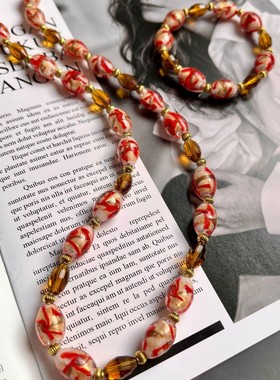 复古红色圆珠琉璃项链耳饰手链正红配绛红 春节搭配饰品 经典简约