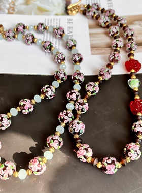 复古花朵琉璃项链 穆拉诺琉璃项链配红花 青岛中古项链外贸饰品