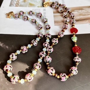 复古花朵琉璃项链 穆拉诺琉璃项链配红花 青岛中古项链外贸饰品