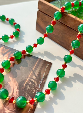 复古绿玛瑙项链手链耳钩套装圆珠搭配玫红色玉髓扁珠氛围感新中式