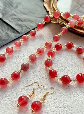 复古透粉色糖心玛瑙项链手工串珠项链天然石高端饰品配饰青岛外贸