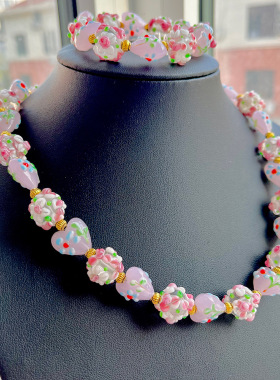 复古穆拉诺粉色花球搭配爱心琉璃项链手串耳钩套装春夏百搭配饰