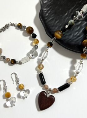 复古虎眼石切面方糖配血檀爱心猫眼项链手链耳钩百搭高级白水晶