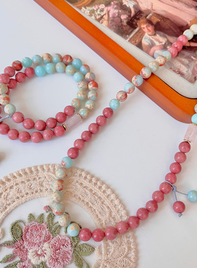 天然寿山石配蔷薇木纹石天然石项链手串套装手工设计小众简约气质