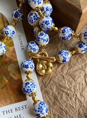 复古青花瓷陶瓷珠白配蓝花 项链毛衣链手串耳钩套装青岛外贸饰品