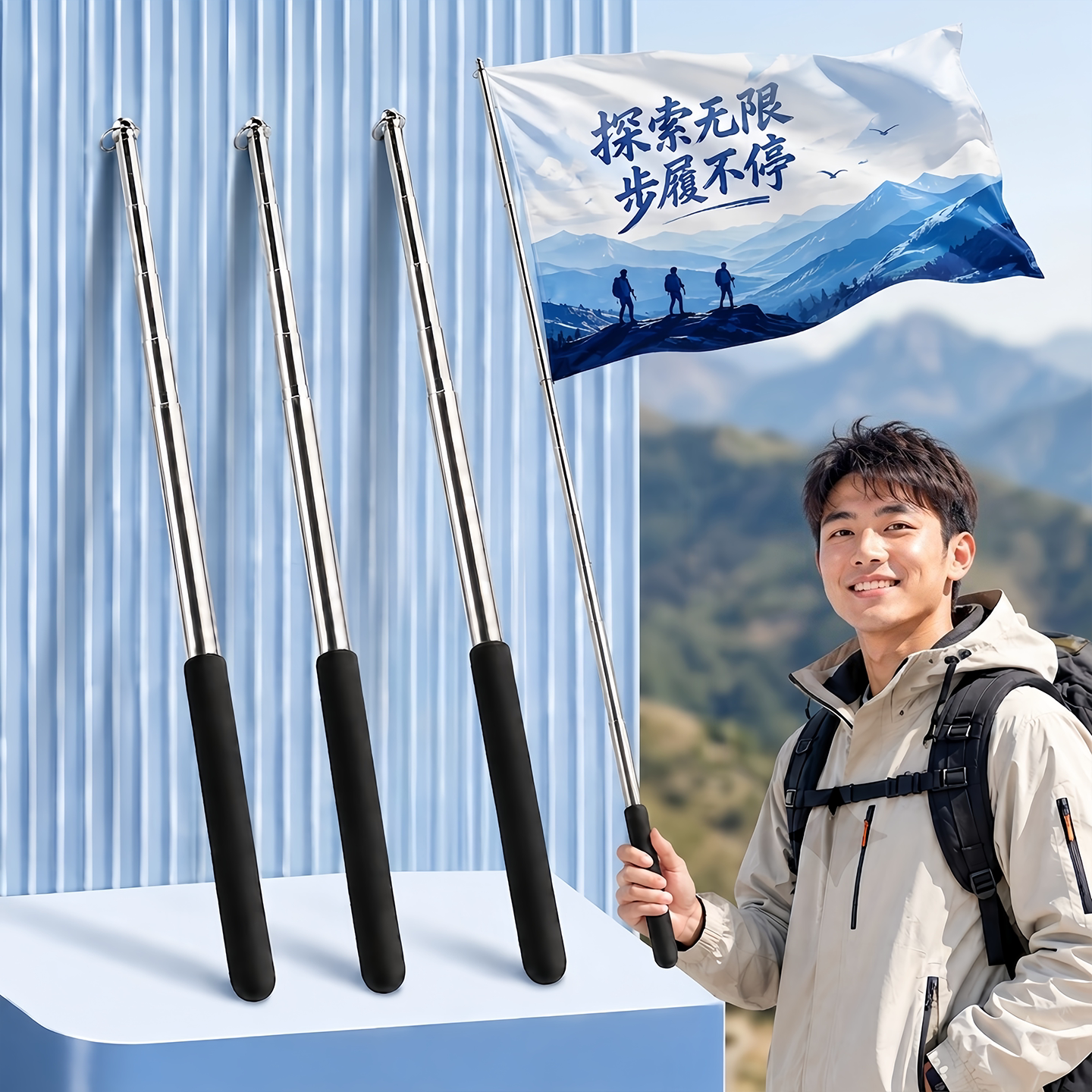 导游旗杆不锈钢伸缩杆1.61.2米长便携式可伸缩教学教鞭加粗指读棒