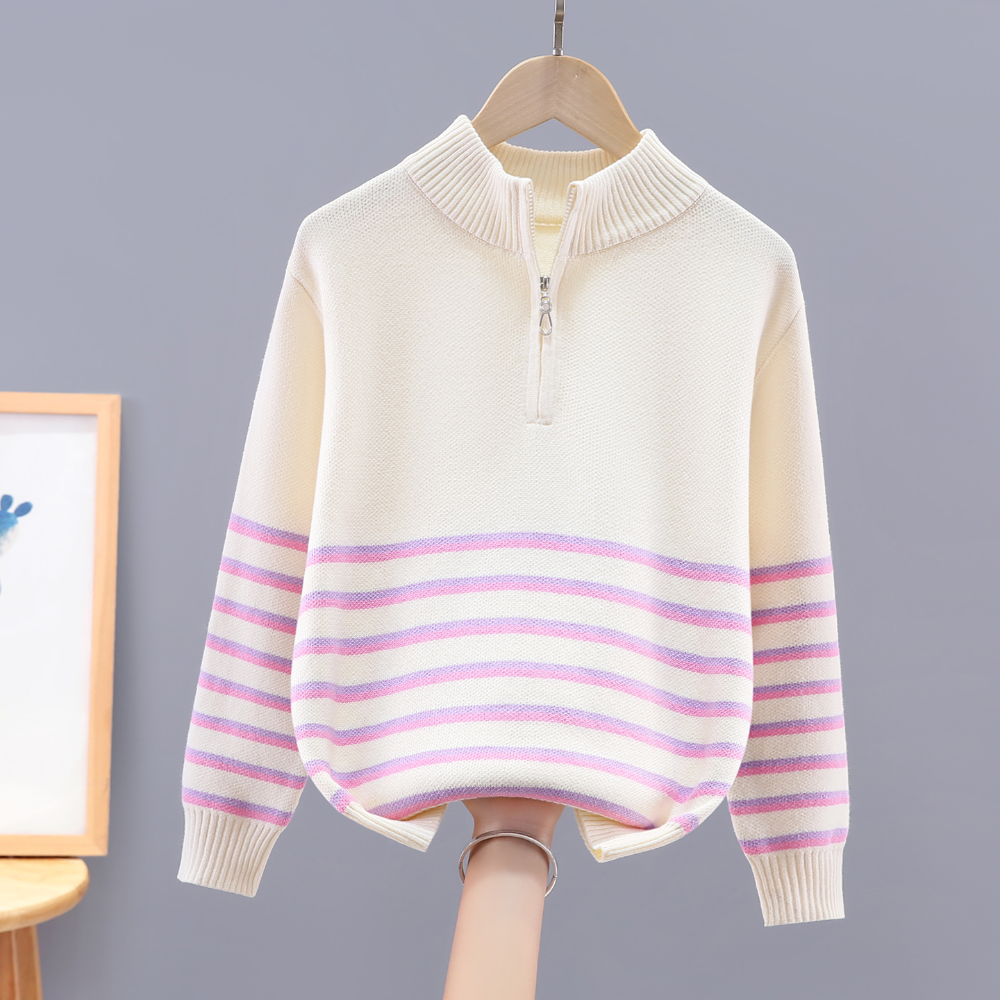 女童毛衣条纹半高领秋冬新款