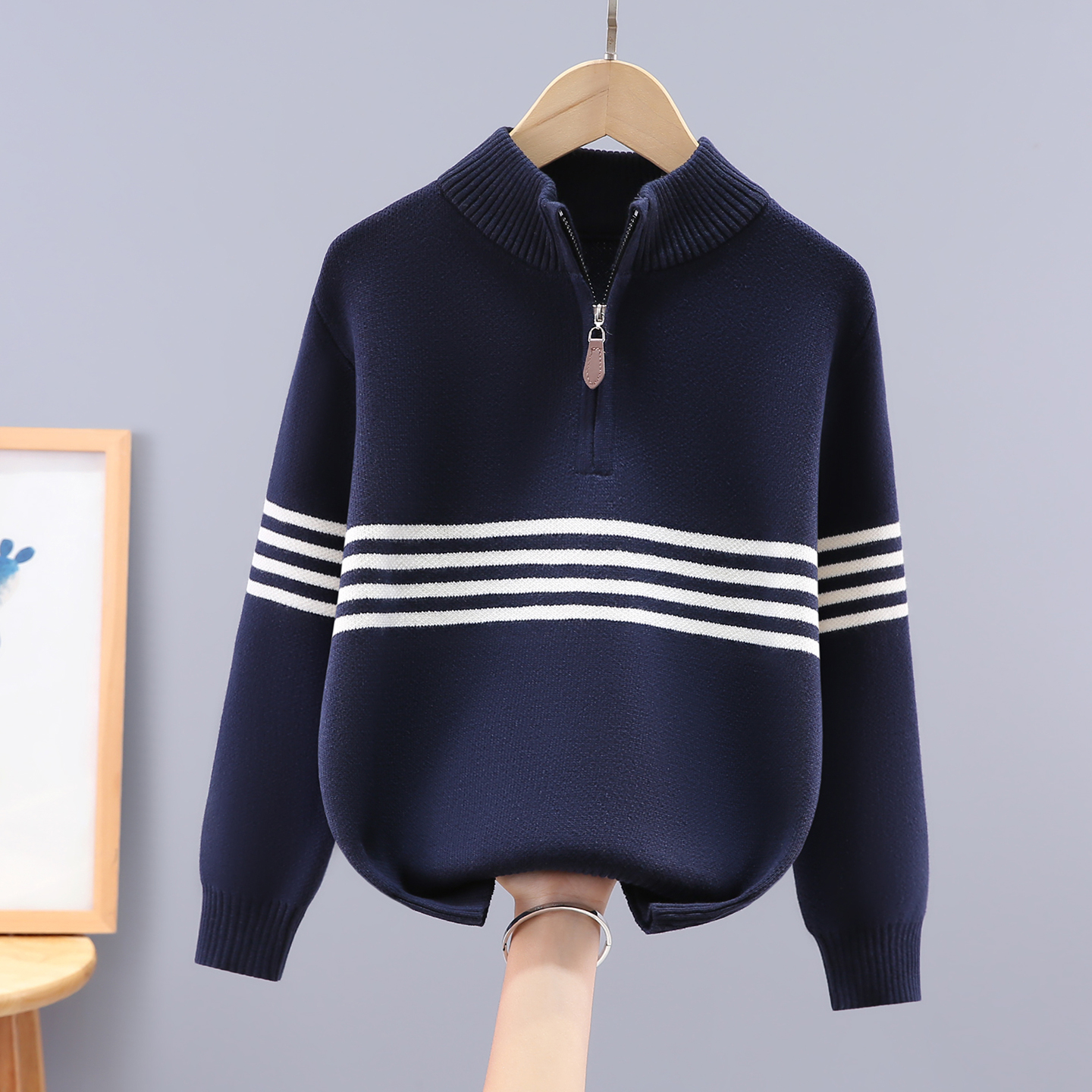 男童毛衣新款条纹拉链半高立领