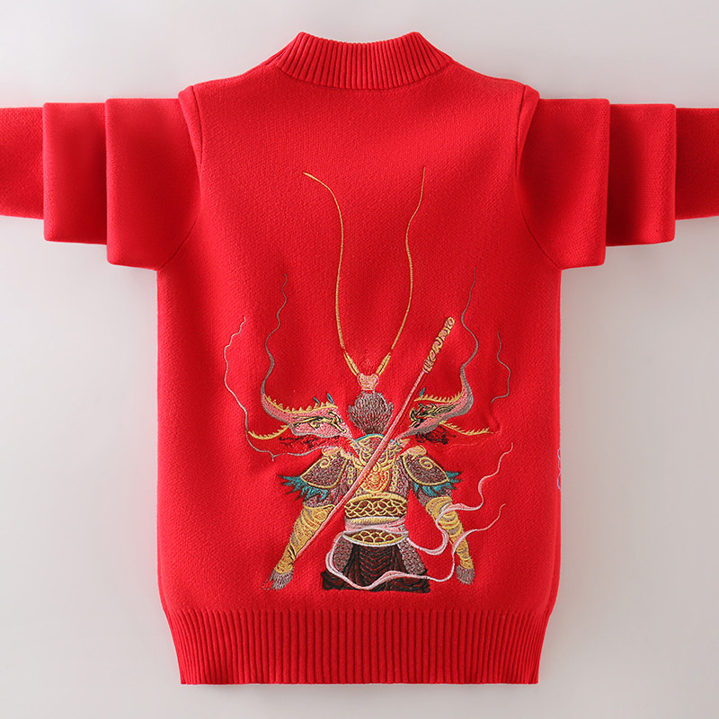 男童红色毛衣本命年秋冬季儿童刺绣中大童加绒加厚新年过年针织衫,童装/婴儿装/亲子装,毛衣/针织衫,淘宝优惠券,粉丝福利购,淘宝优惠卷