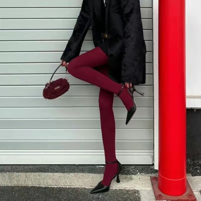 酒红裤袜天鹅绒红色袜新年复古红
