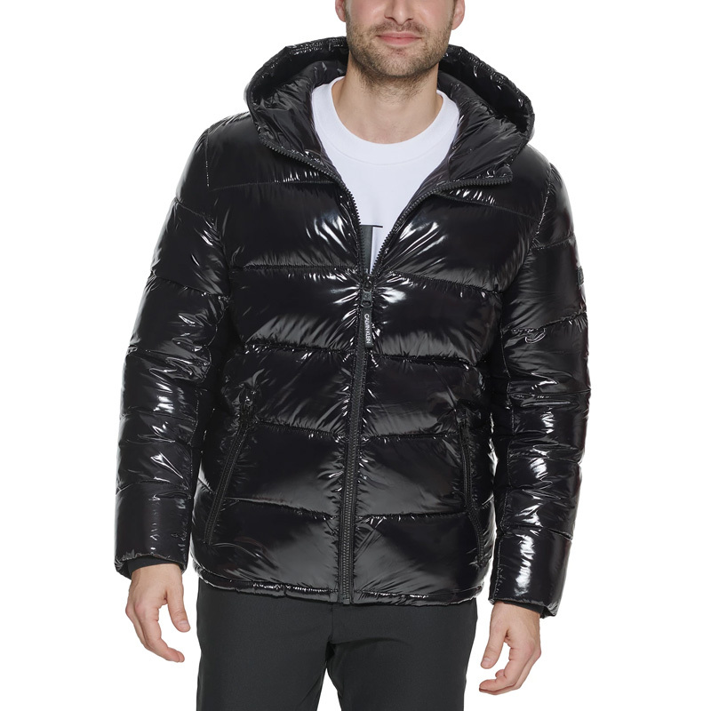 calvin klein/凯文克莱ck冬季男装棉衣纯色亮面防水夹棉连帽外套