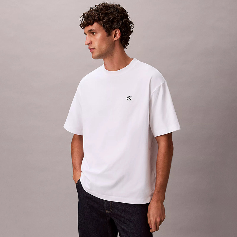 Calvin Klein/凯文克莱男士白色短袖T恤美式风CK刺绣LOGO舒适上衣